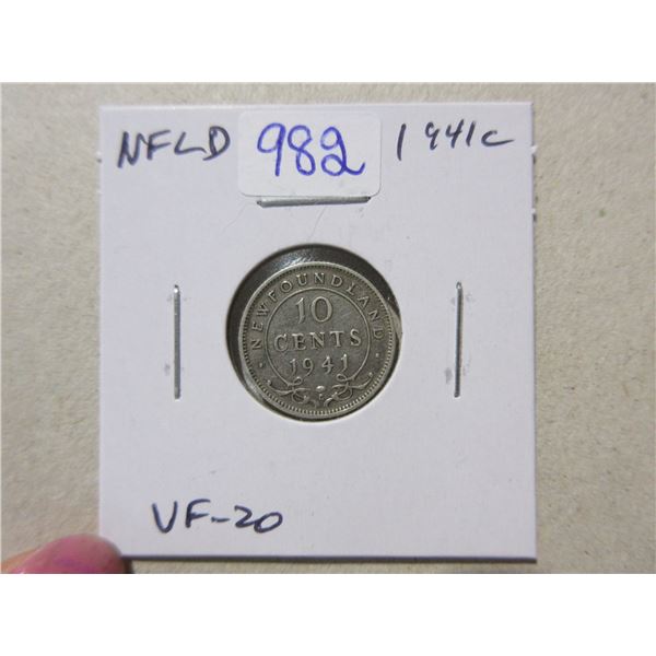 Newfoundland. 1941c Silver 10 Cents. Minted in Ottawa because of World War II. VF-20.