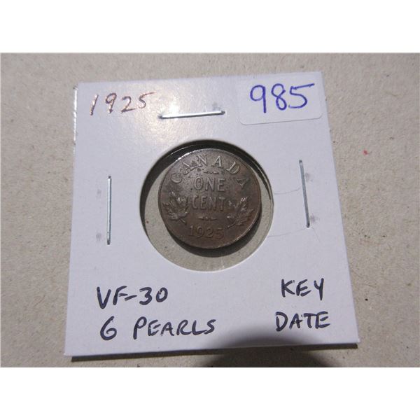 1925 Canadian Small Cent. VF-30 with 6 pearls. Key Date.