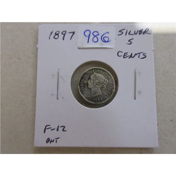 1897 Canadian Victorian Silver 5 Cents. F-12 but bent.