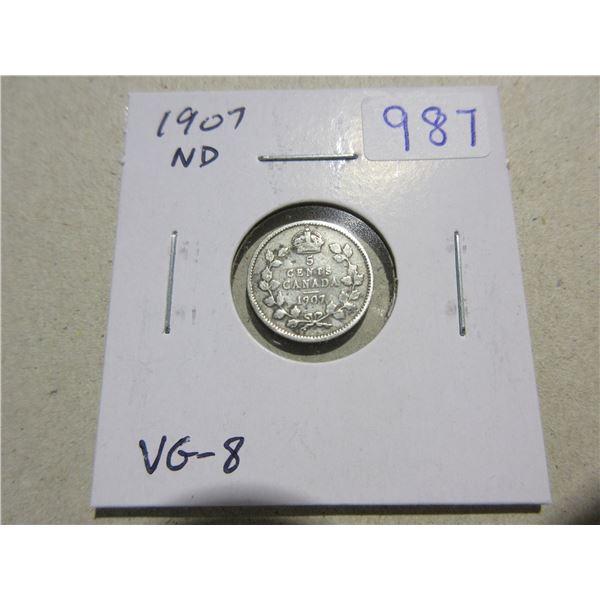 1907 Narrow Date Silver 5 Cents. VG-8.