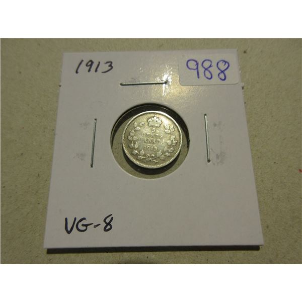 1913 Silver 5 Cents. VG-8.