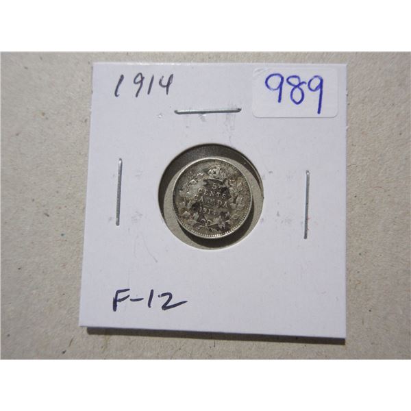 1914 Silver 5 Cents. First year of World War I. F-12.
