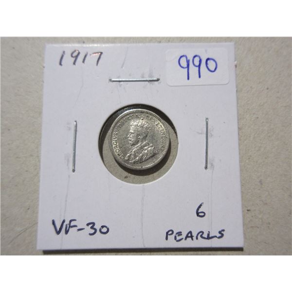 1917 Silver 5 Cents. VF-30 with 6 pearls.