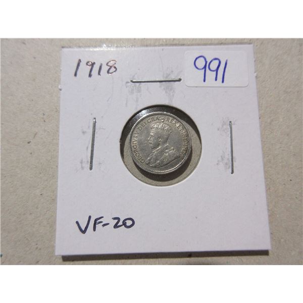 1918 Silver 5 Cents. Last year of World War I. VF-20.