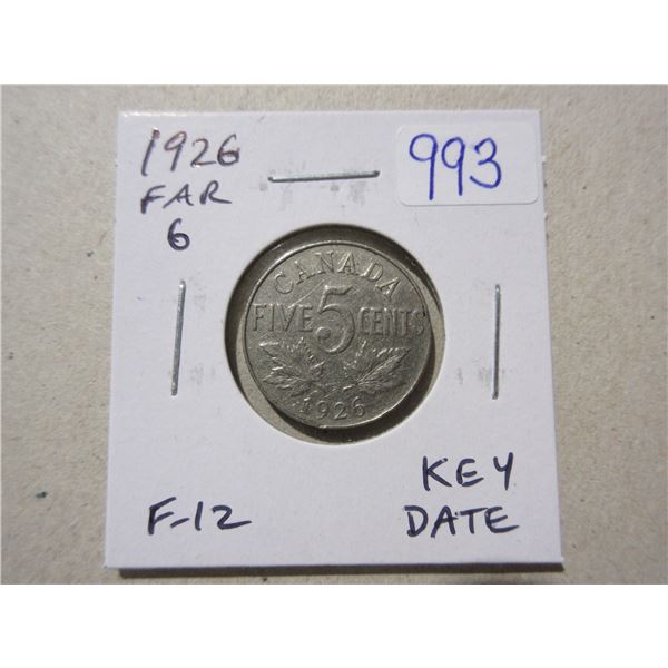 1926 Far 6 Nickel 5 Cents. Key Date. F-12.