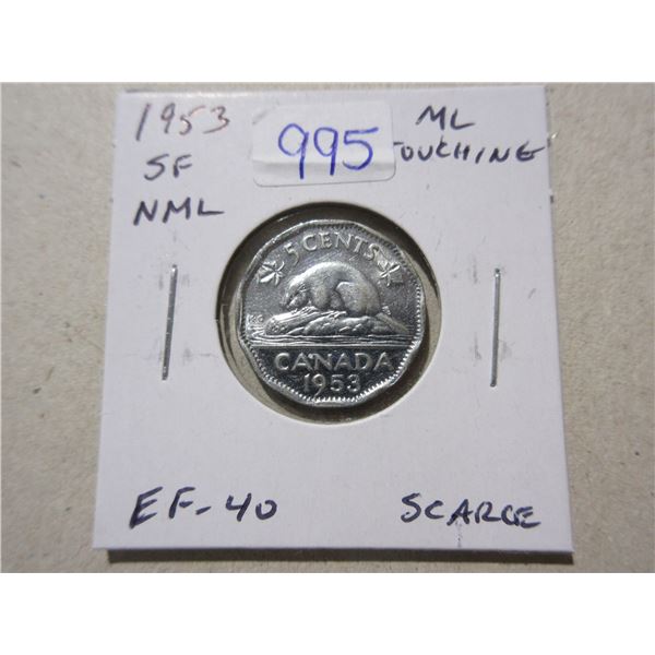 1953 Shoulder Fold Near Maple Leaf with left ML touching Rim. EF-40. Scarce.