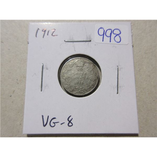 1912 Silver 10 Cents. Sterling Silver. VG-8.