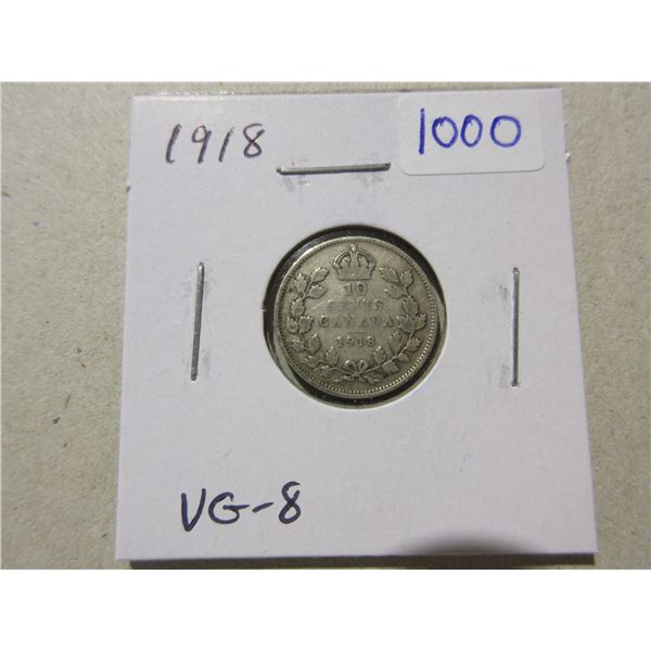 1918 Silver 10 Cents. Minted the last year of World War I. Sterling Silver. VG-8.