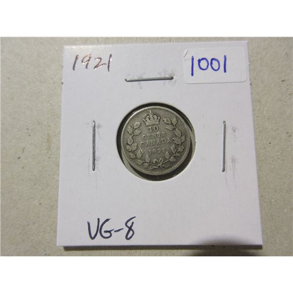 1921 Silver 10 Cents. VG-8.