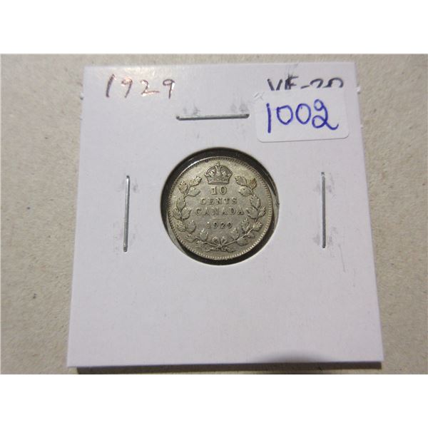 1929 Silver 10 cents. Minted the first year of the Great Depression. VF-20.