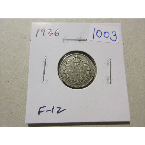 1936 Silver 10 Cents. Last issue for King George V. F-12.