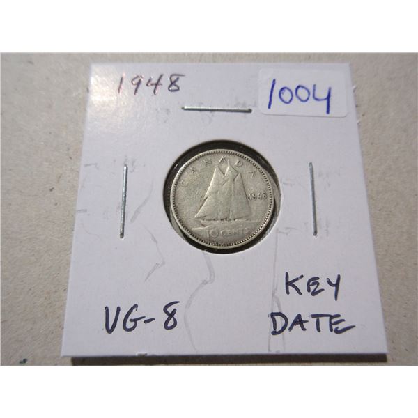 1948 Silver 10 Cents. Key Date. VG-8.