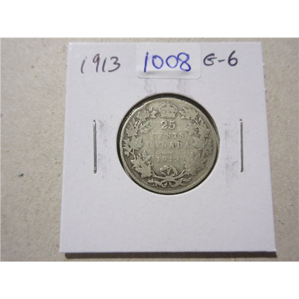 1913 Canadian Silver 25 Cents. Sterling Silver. G-6.