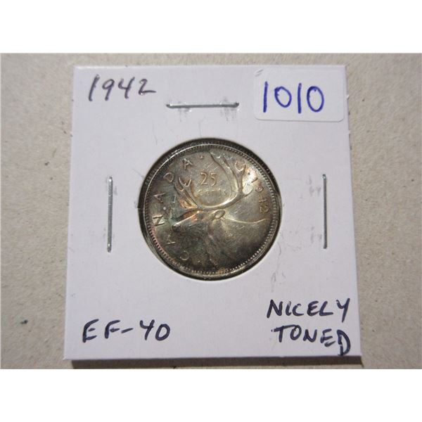 1942 Canadian Silver 25 Cents. Issued during World War II. EF-40. Nicely Toned.