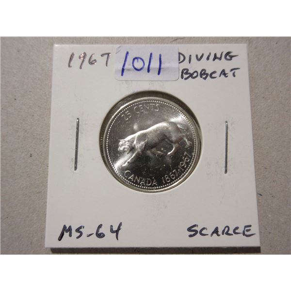 1967 Diving Bobcat Silver 25 Cents. One Year Type. There is a Die Rotation, so it looks like the Bob