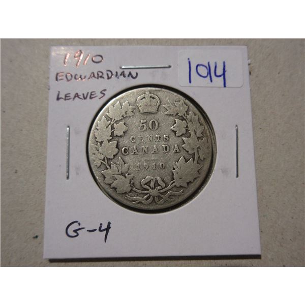 1910 Edwardian Leaves Silver 50 Cents. Last issue for Edward VII. Sterling Silver. G-4.