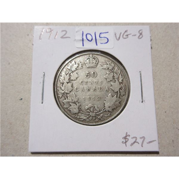 1912 Silver 50 Cents. Sterling Silver. Key Date. Mintage of 285,867. VG-8.
