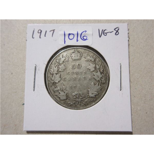 1917 Silver 50 Cents. Minted during World War I. Sterling Silver. VG-8.