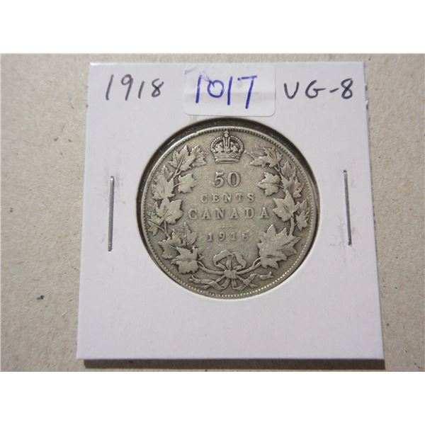1918 Silver 50 Cents. Minted during the last year of World War I. Sterling Silver. VG-8.