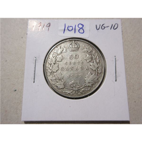 1919 Silver 50 Cents. Last year of Sterling Silver. VG-10.