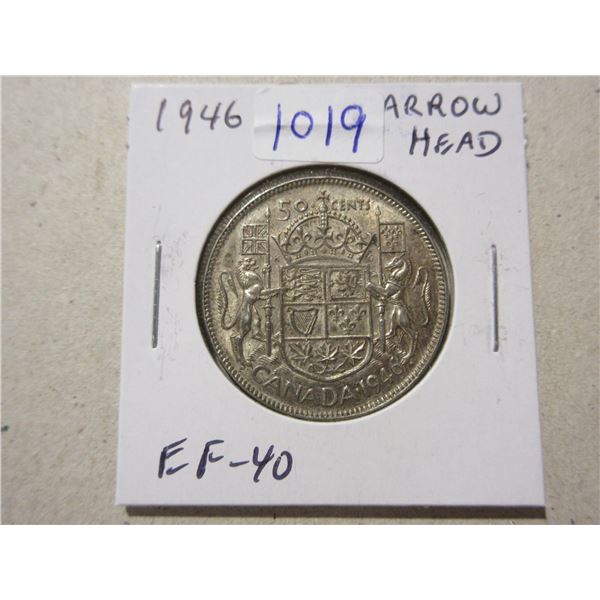 1946 Arrowhead Silver 50 Cents. There is a Die Chip in the 6 that looks like an Arrowhead. EF-40. Sc