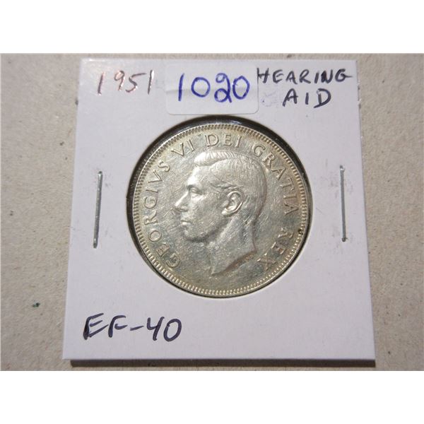 1951 Hearing Aid Silver 50 Cents. The Hearing Aid in the king’s ear is due to a Die Clash. 