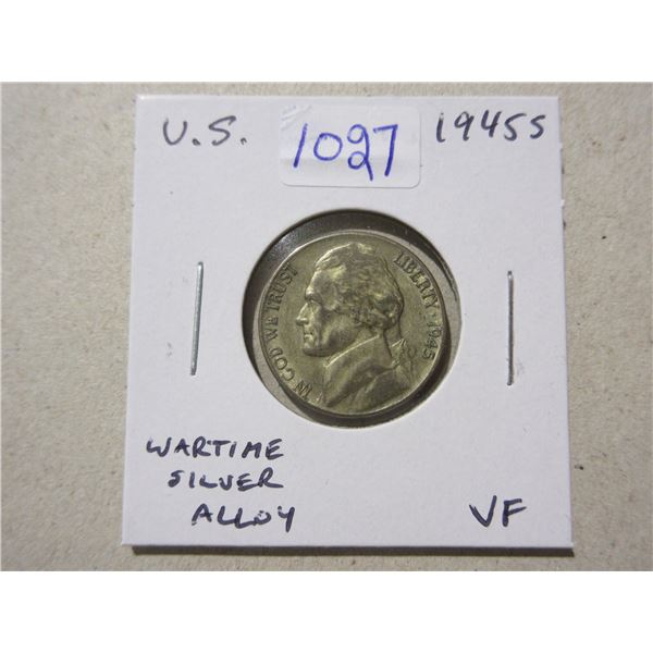 U.S. 1945S Wartime Silver Alloy 5 Cents. VF-20.
