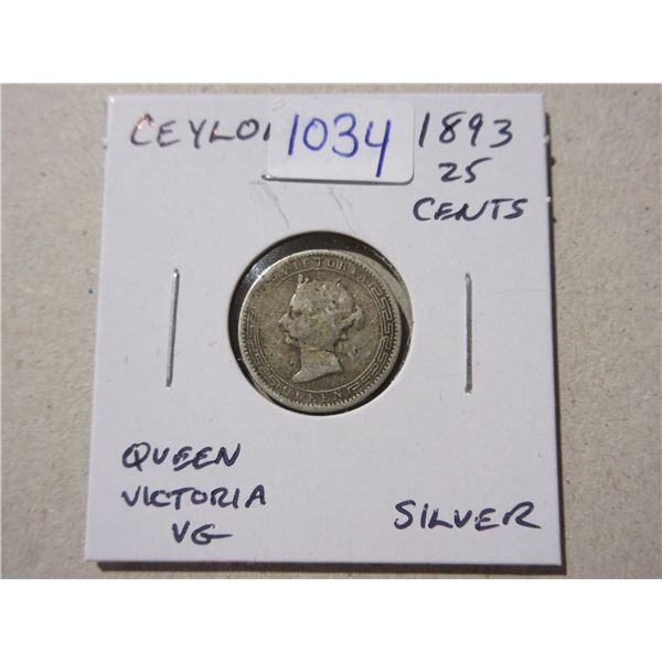 Ceylon. 1893 Silver 25 Cents. Queen Victoria.  VG.