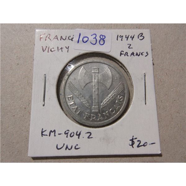 Vichy France. 1944B 2 Francs. Issued under Marshall Petain’s government. Uncirculated.