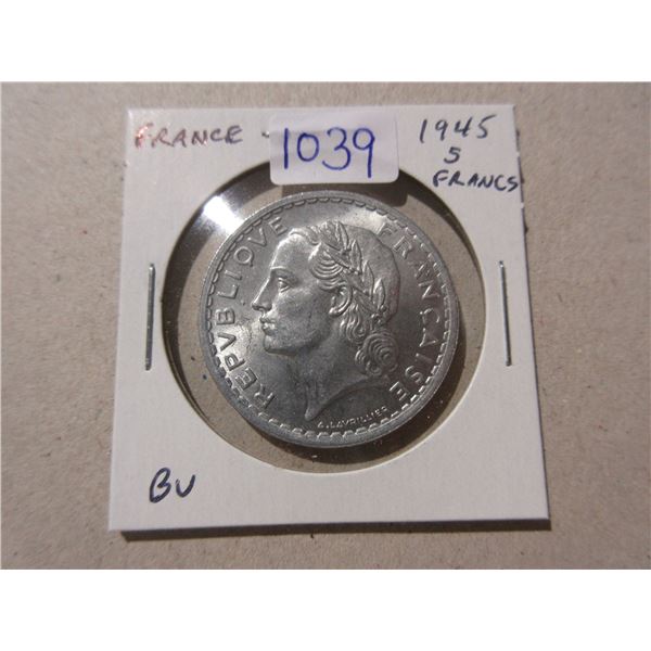 Liberated France. 1945 5 Francs. BU.