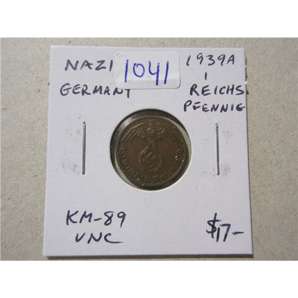 Nazi Germany. 1939A 1 Reichspfennig. Eagle and Swastika. Uncirculated.