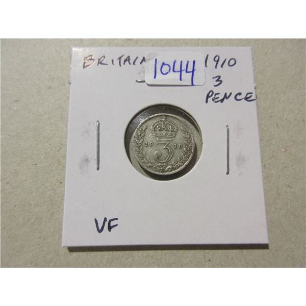 Great Britain. 1910 Silver 3 Pence. Last year of Edward VII. Sterling Silver. VF.