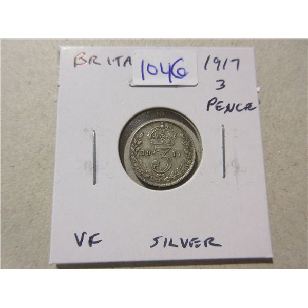 Great Britain. 1917 Silver 3 Pence. Minted during World War I. Sterling Silver. VF.