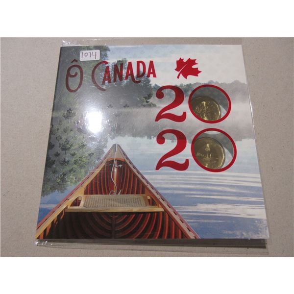 2020 O Canada Set with 2 different Loonies, one with Maple Leaves. Housed in its original unopened R
