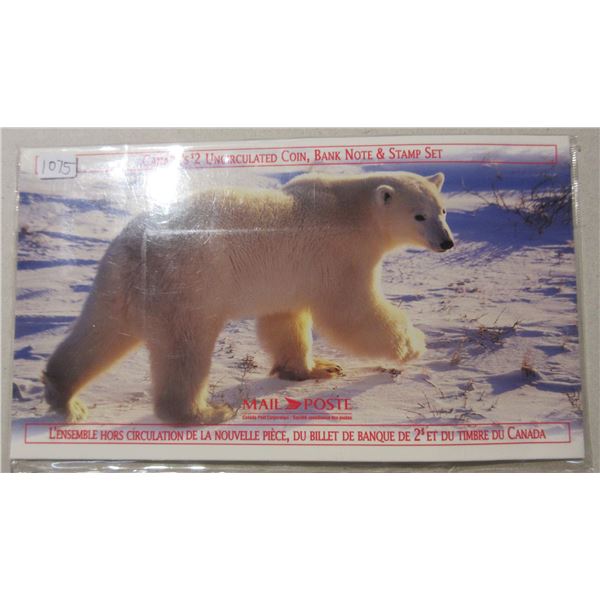 Canada’s $2 Uncirculated Coin, Bank Note & Stamp Set.