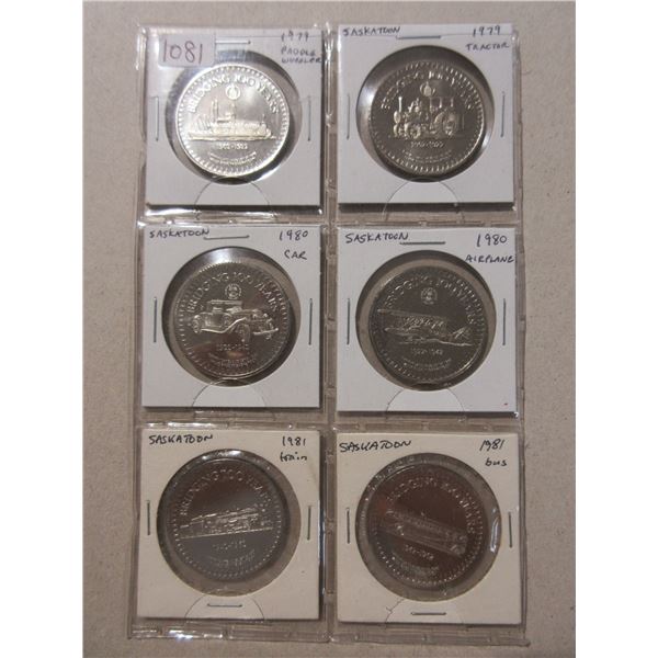 Set of 6 Saskatoon Trade Dollars, featuring planes, trains & automobiles etc. Unc.