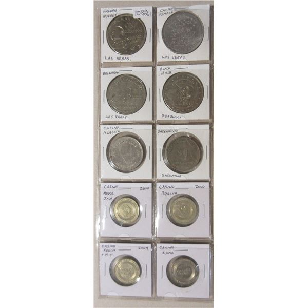 Set of 10 Casino Tokens from Las Vegas, Deadwood and Canada.