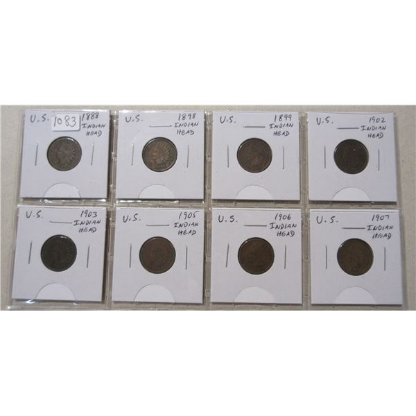 Set of 8 U.S. Indian Head Cents 1888 – 1907. G-VG.