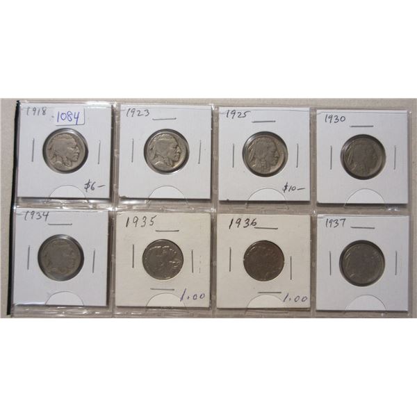 Set of 8 U.S. Buffalo Nickels 1918 – 1937. G-VG.