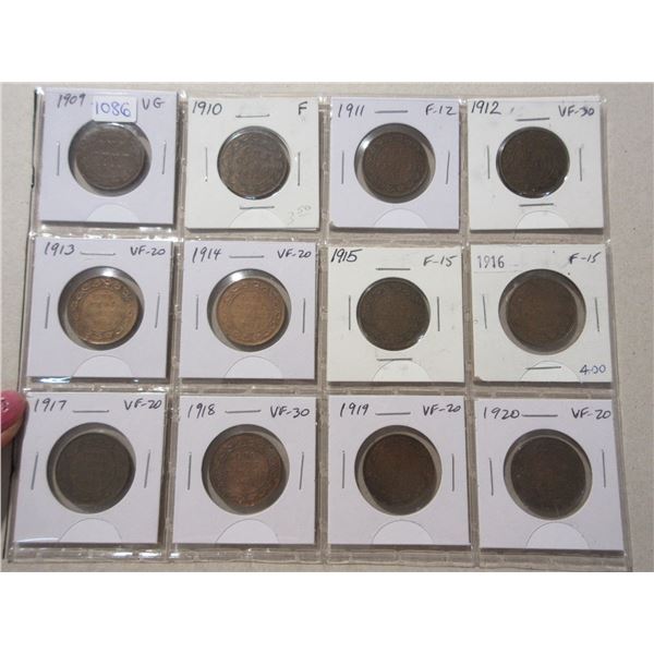 Set of 12 Canadian Large Cents 1909 – 1920. Coins grade VG – VF-30.