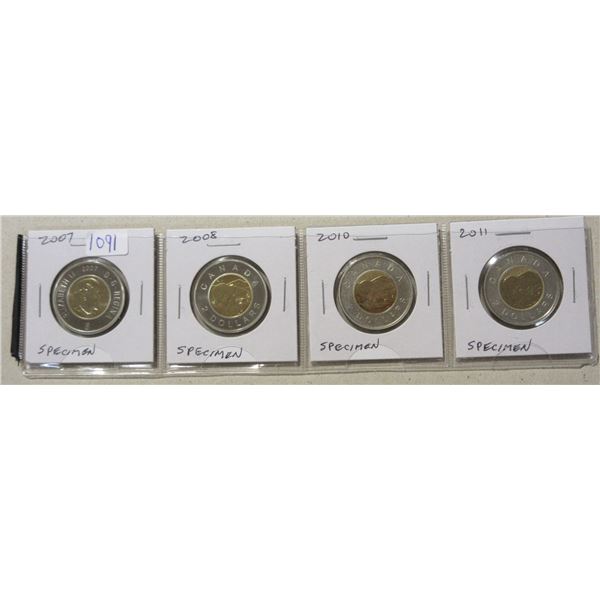 Set of 4 Specimen Toonies: 2007, 2008, 2010 & 2011.
