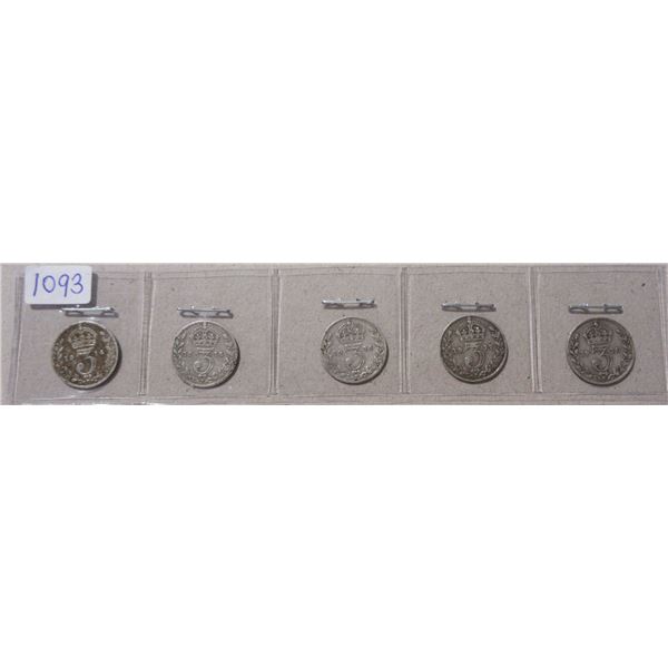 Complete set of 5 British Silver 5 Cents, all issued during World War I.1914 – 1918.