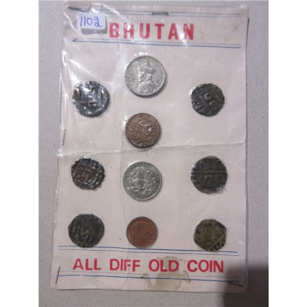 Set of 10 old coins from Bhutan.