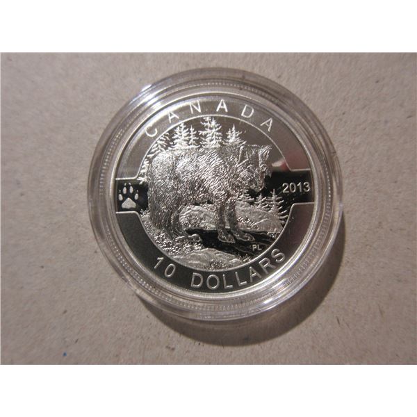 2013 $10. Wolf. 99.99% pure Silver. Housed in its original RCM case with COA. Proof.