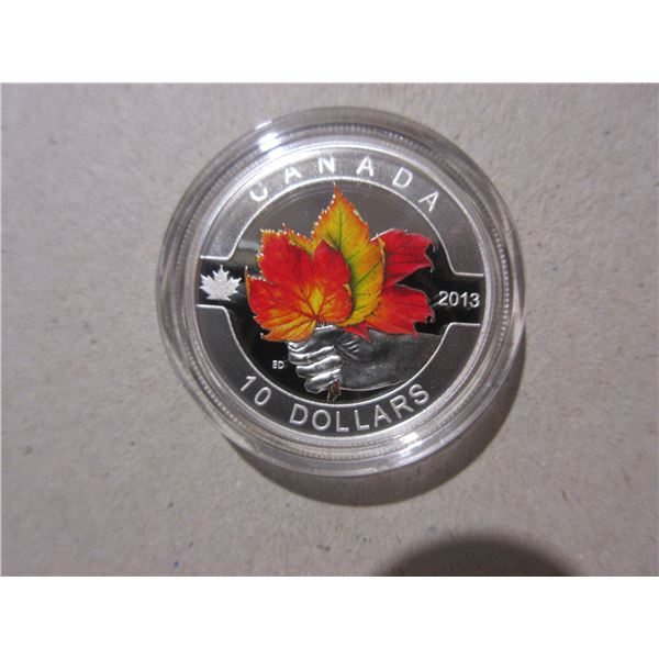 2013 $10. Maple Leaf. Colourized.99,99% pure silver.  Housed in its original RCM case with COA. Proo