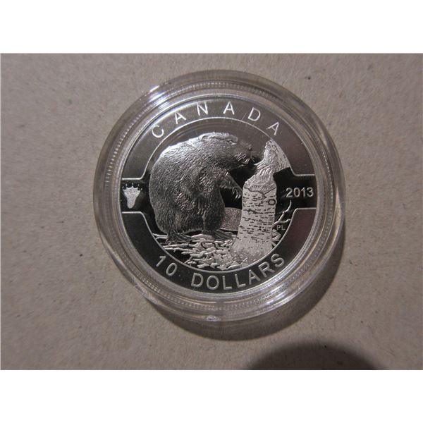 2013 $10. Beaver. 99.99% pure Silver. Housed in its original RCM case with COA. Proof.