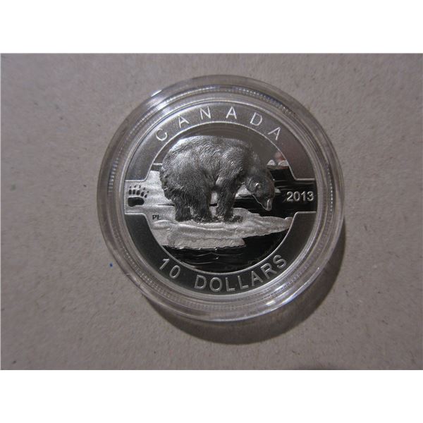 2013 $10. Polar Bear. 99.99% pure Silver. Housed in its original RCM case with COA. Proof.