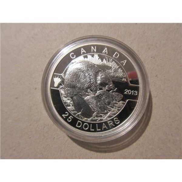 2013 $25. Beaver. 99.99% pure Silver. Housed in its original RCM case with COA. Proof.