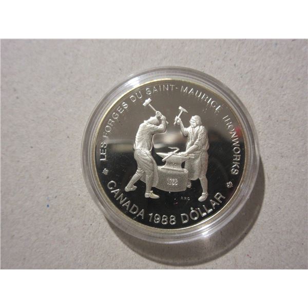 1988 Ironwork Silver Dollar. Commemorates the first heavy industry in Canada. Housed in its original