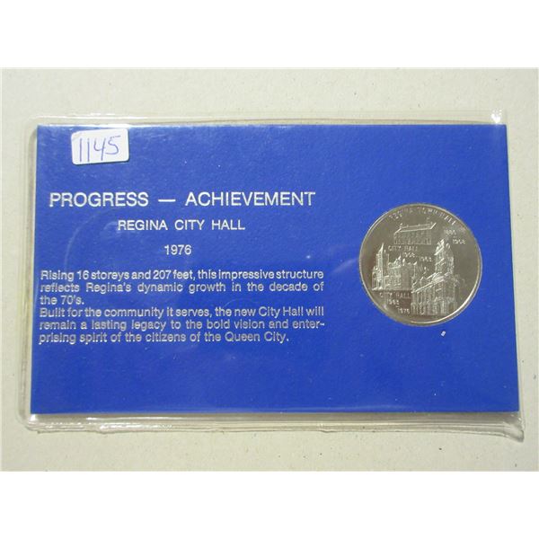 City of Regina medal depicts the various City Halls from 1886 – 1976.